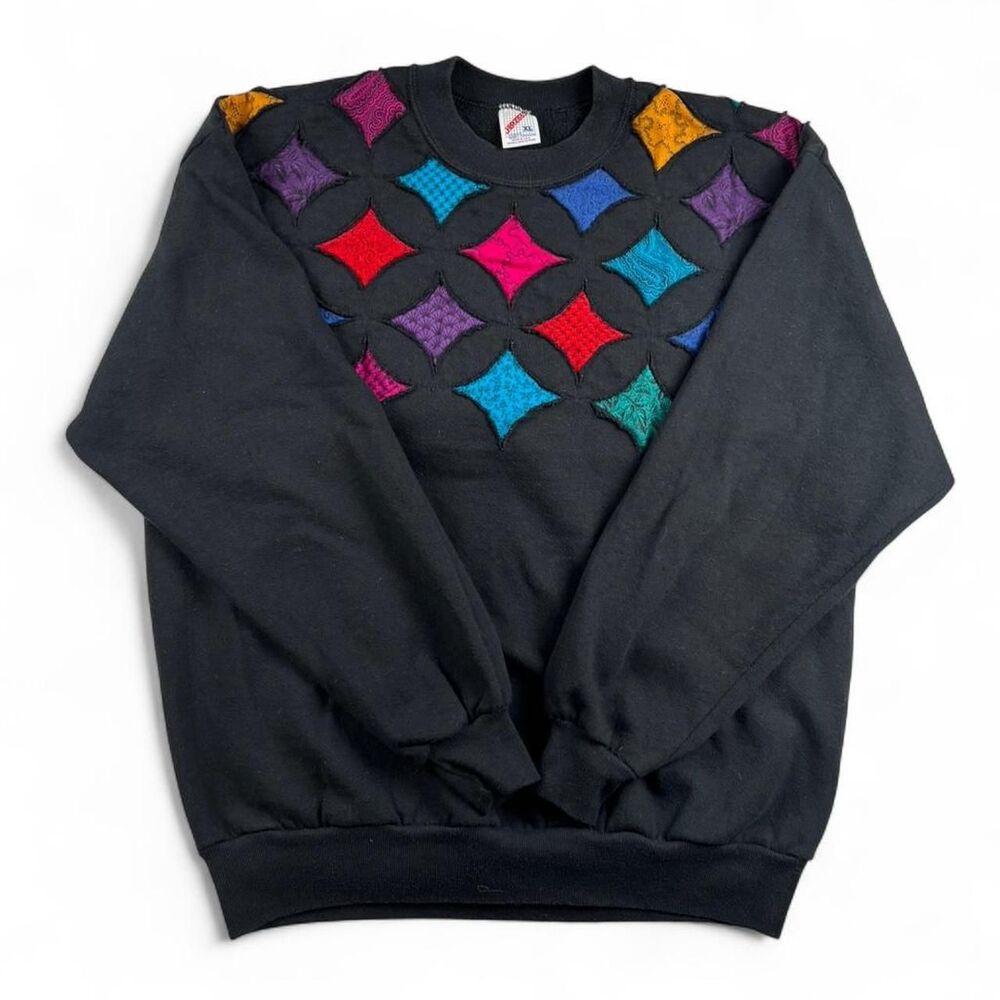 Vintage 80s Black Quilted Sweatshirt Womens XL Colorblock Retro Oversized